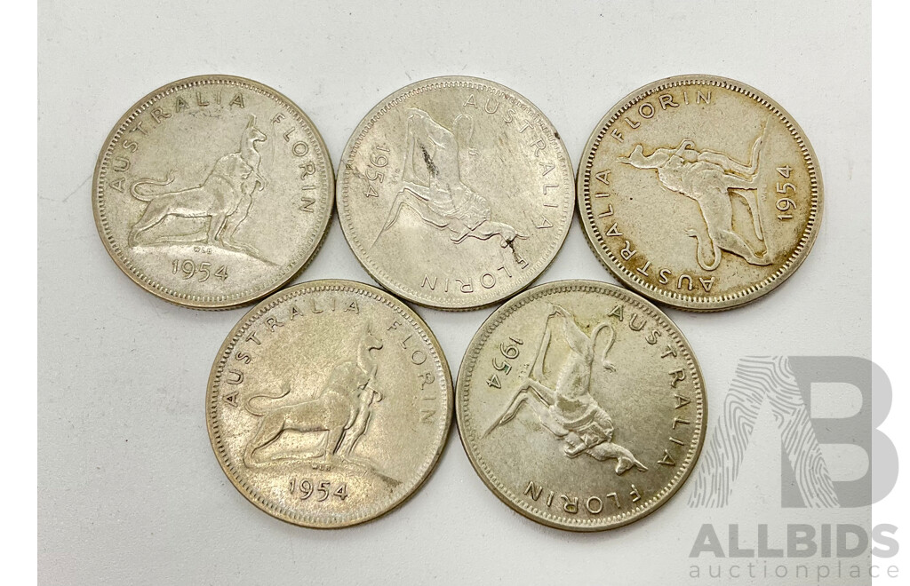 1954 Royal Visit Florins. Five Coins.