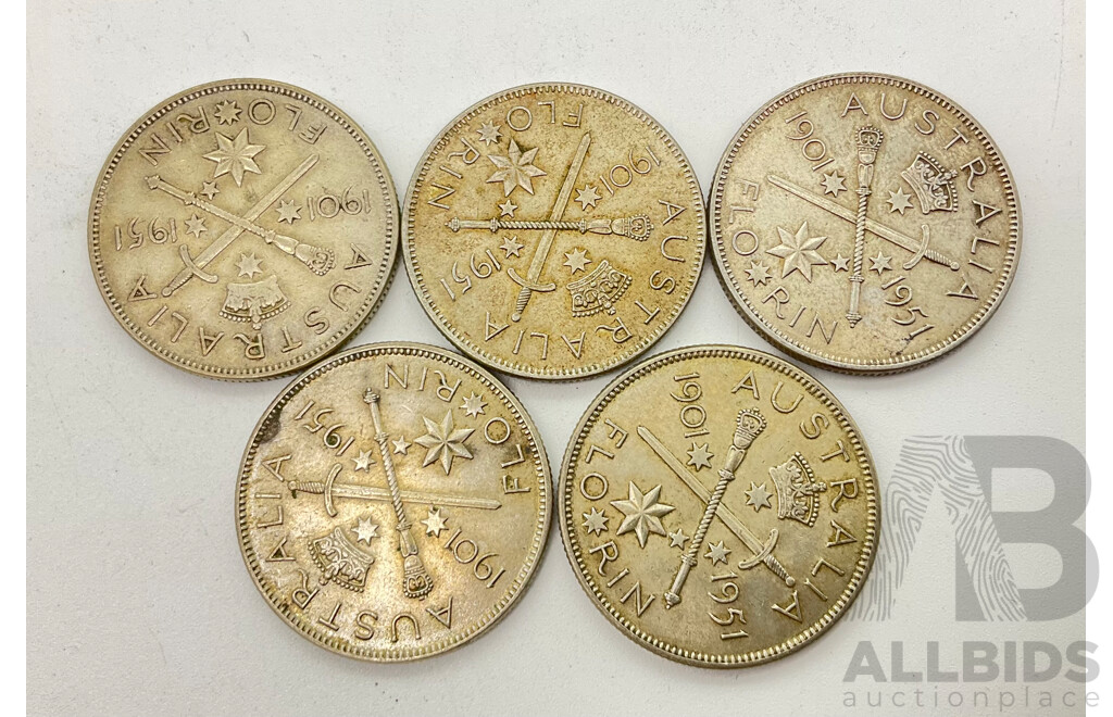 1951 50th Anniversary Florins, Five Coins.