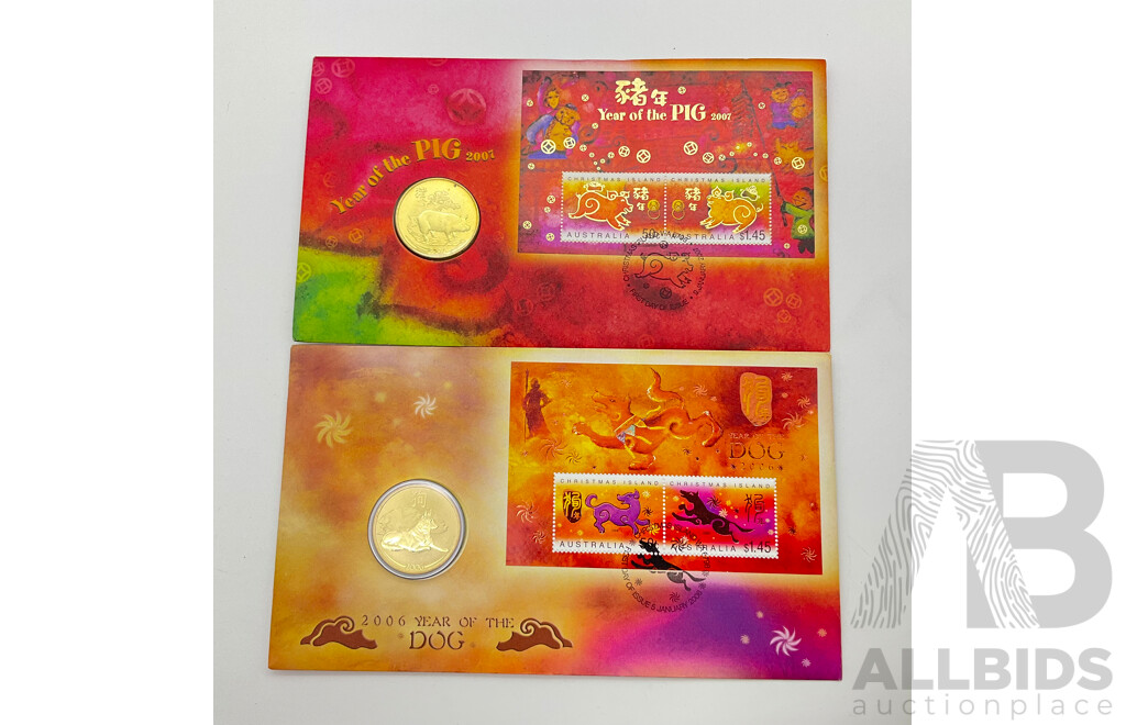 2006-2007 Lunar $1 Coins and Stamps. Year of the Dog and Year of the Pig.