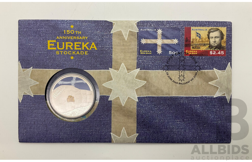 2004 Eureka 150th Anniversary $5 Coloured Coin and Stamp.