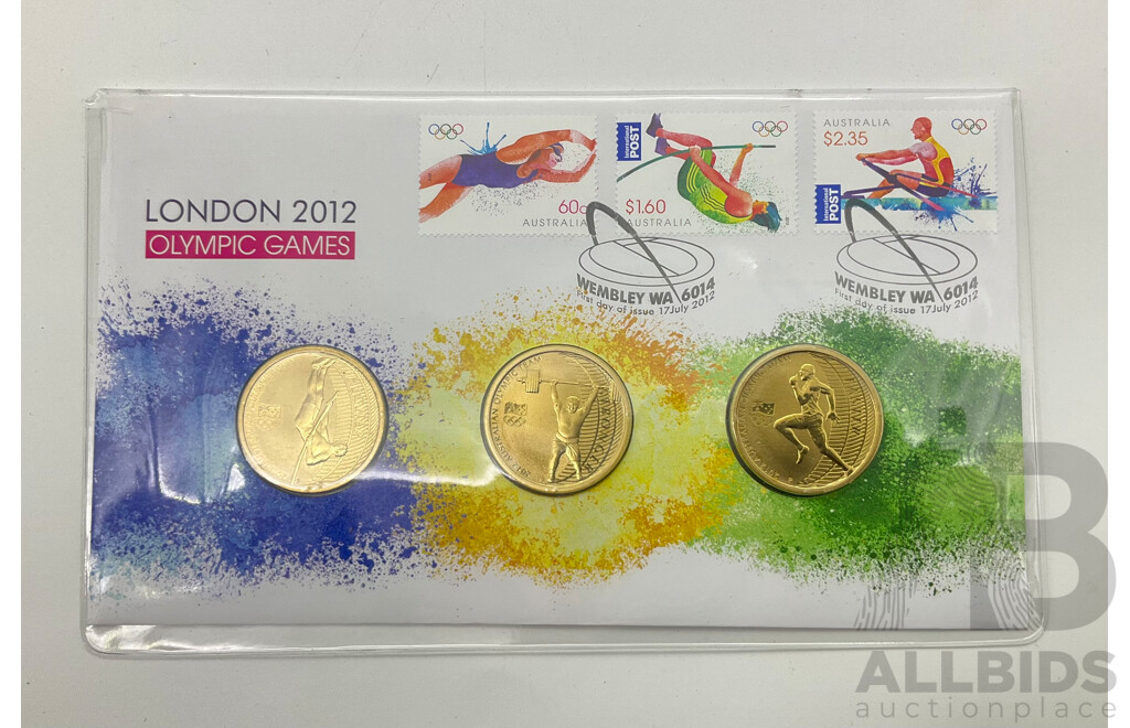 2012 London Olympics. Three $1 Coins and Stamps.