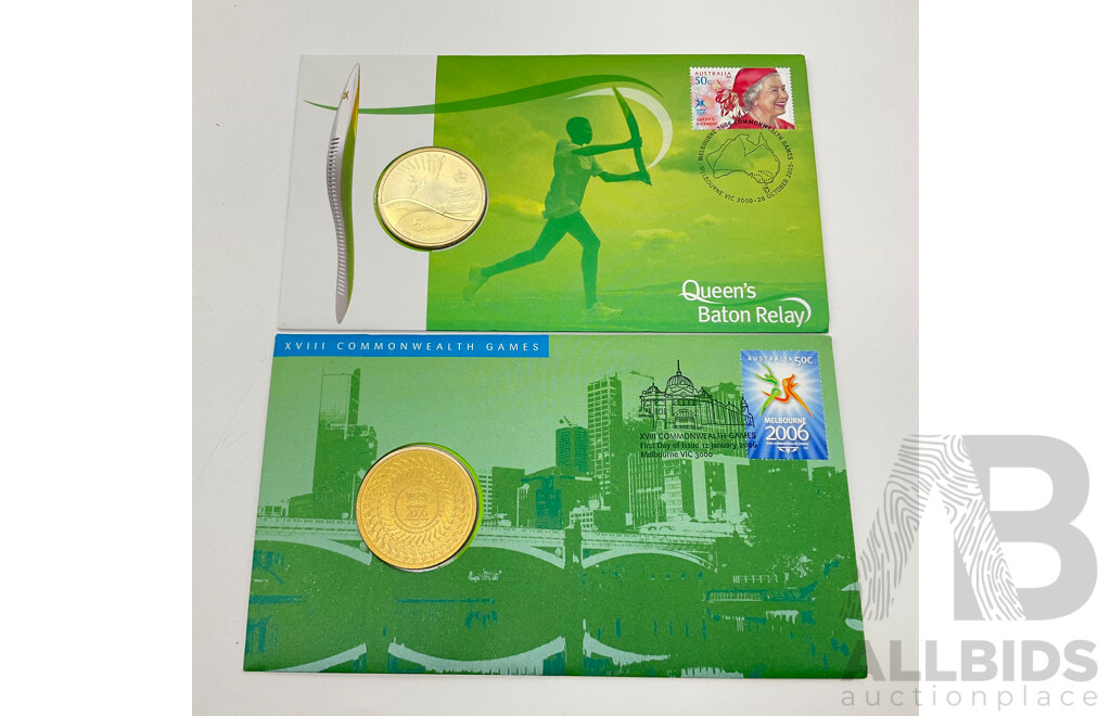 2006 Commonwealth Games $5 Coins and Stamps.Baton Relay and Friendly Games.