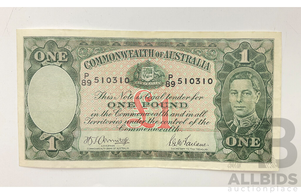 1942 R30a Armytage McFarlane One Pound Note.P89 510310.a/UNC