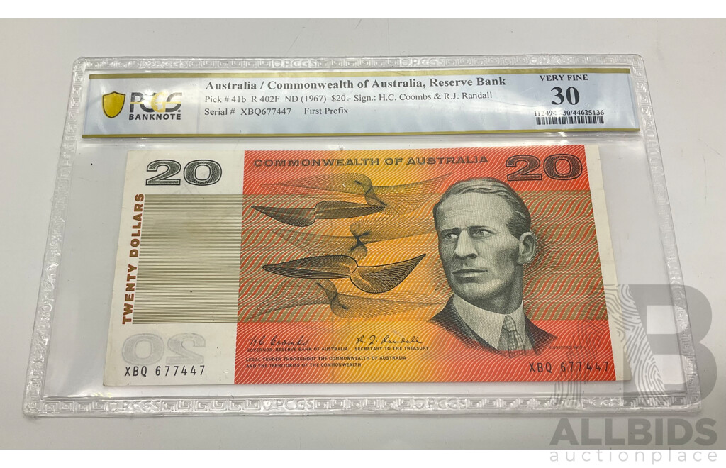 1967 Coombs Randall $20 Note, R402F XBQ 677447. C/V $1200, VF