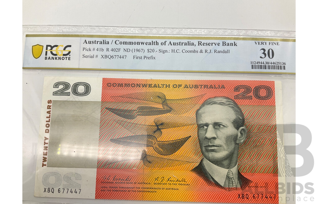 1967 Coombs Randall $20 Note, R402F XBQ 677447. C/V $1200, VF