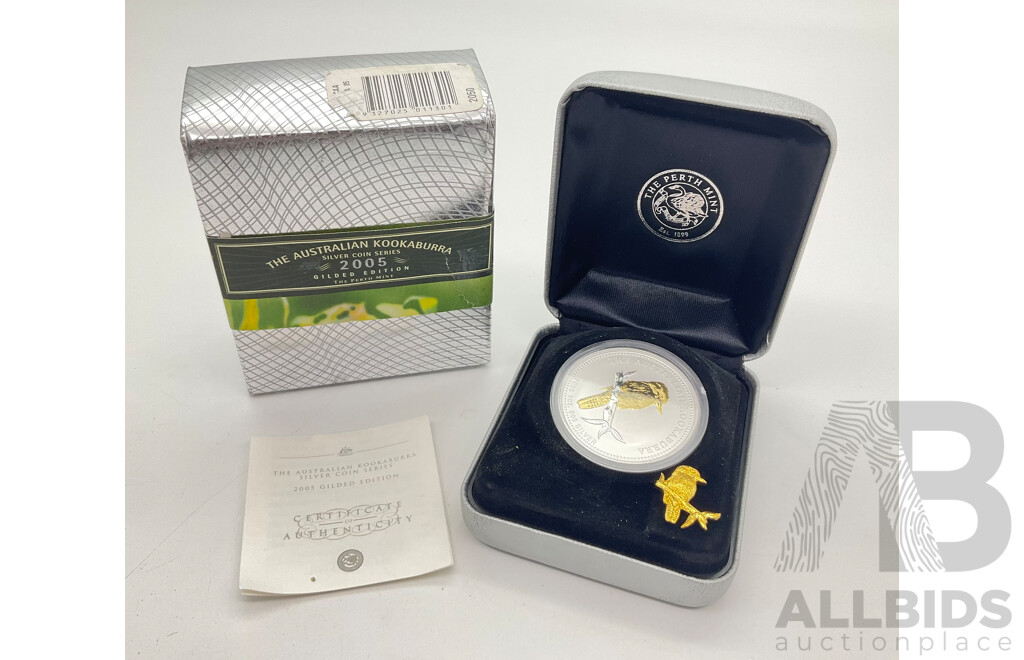 2005 Perth Mint Australian Kookaburra .999 Gilded Silver 1oz. $1 Coin.