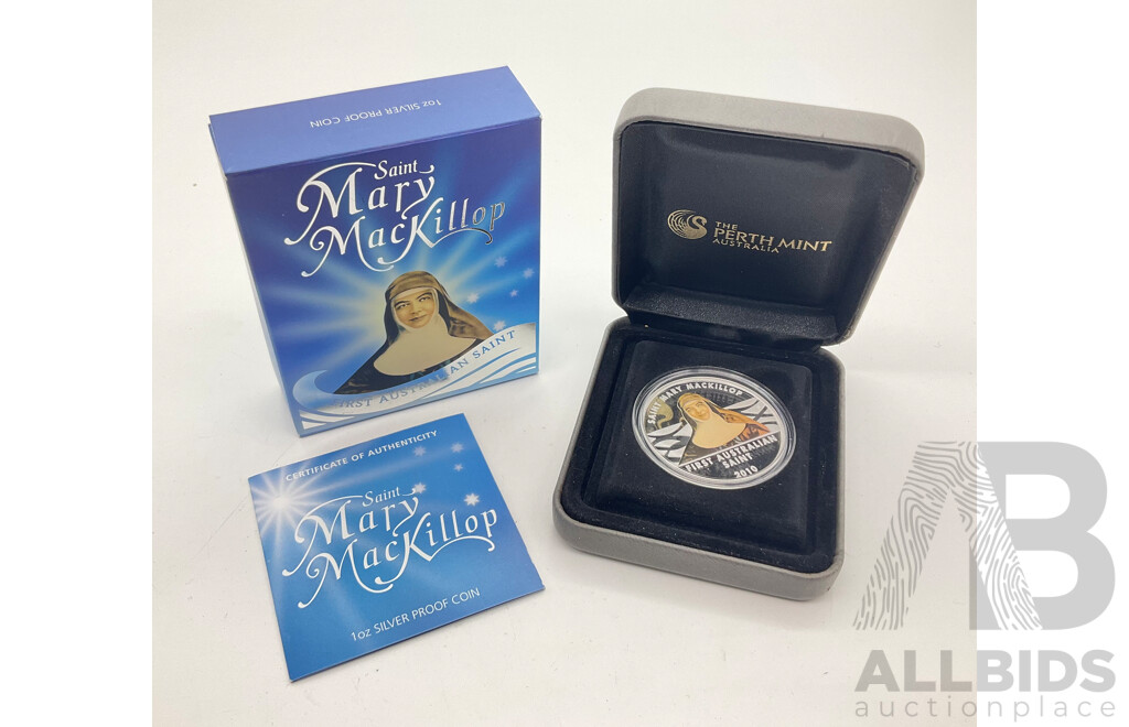 2010 Perth Mint Mary MacKillop $1 99.9% Silver Coloured Proof Coin 1oz.