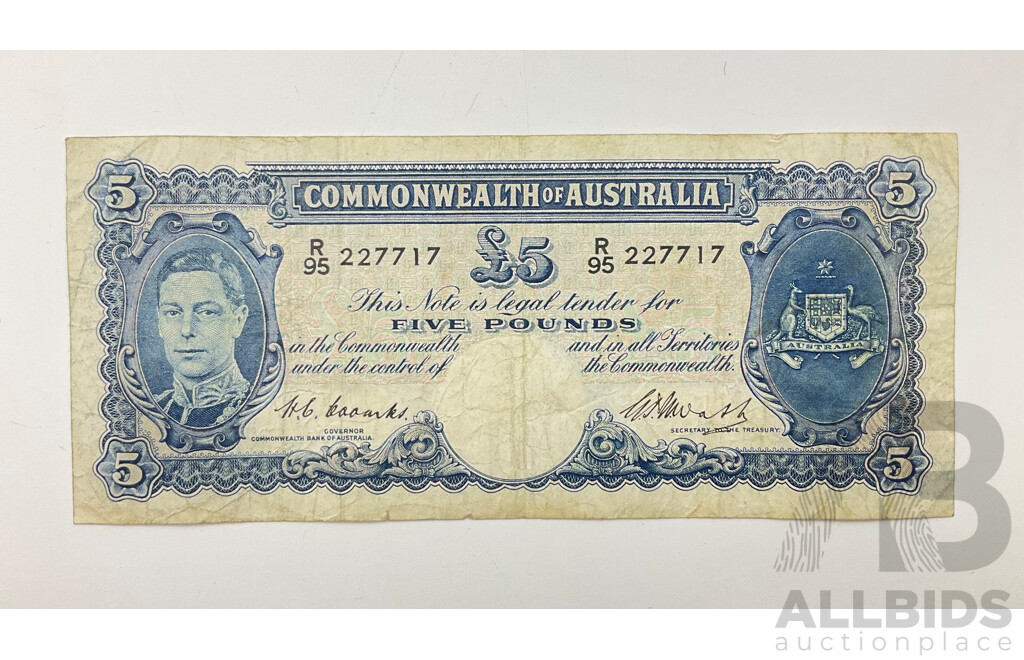 1949 CofA Five Pound Note.Coombs Watt R47 , R95 22717