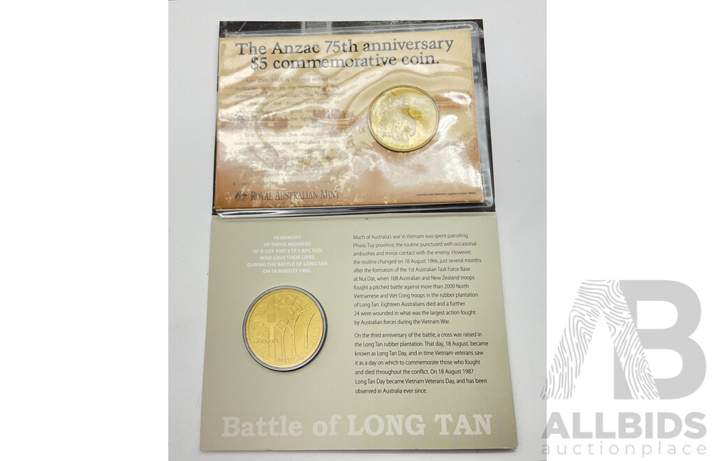 1990 Anzac $5 Coin and 2016 Long Tan $5 Coin.