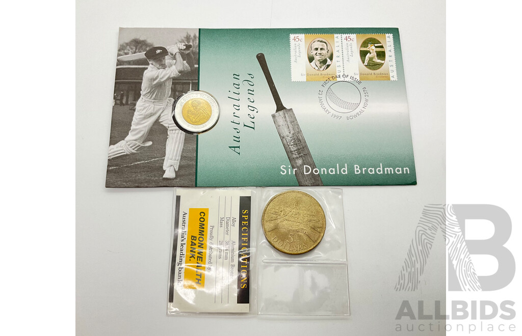 1997 Donald Bradman $5 PFC Coin and Stamp. 1988 New Parliment House $5 Coin.