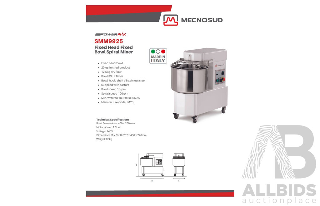 Mecnosud Fixed Head/Bowl Economy Model Spiral Mixer 33Lt (SMM9925 ) - ORP $3,000