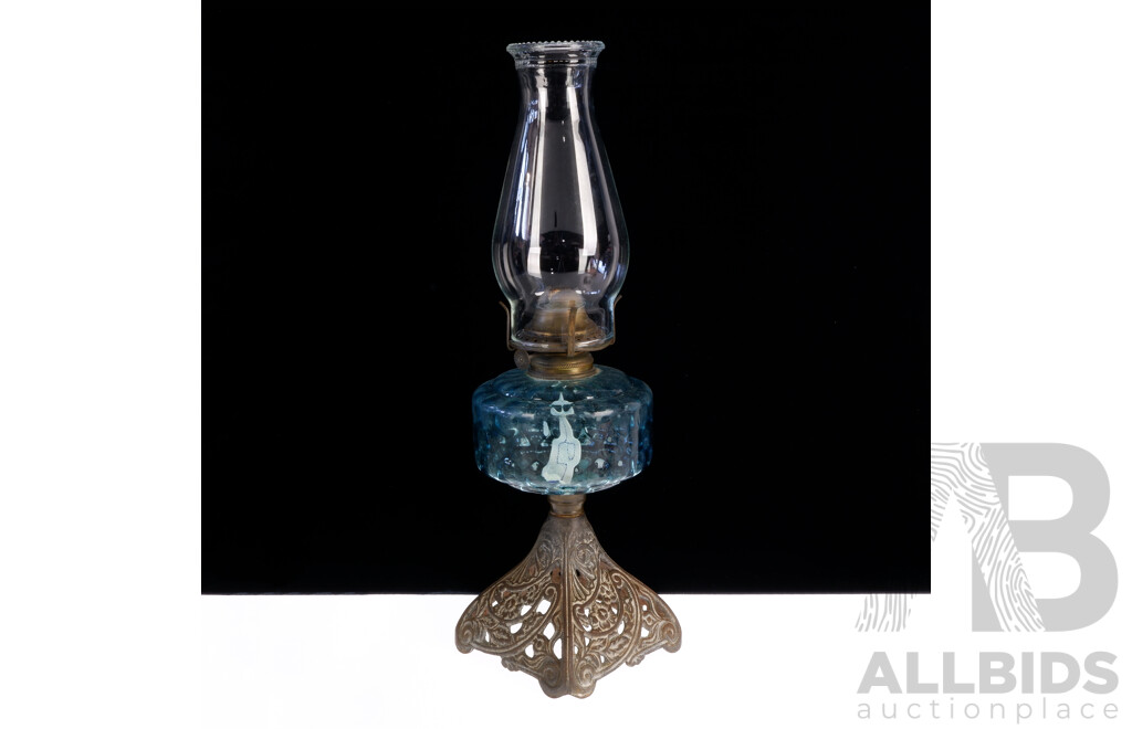 Antique Miller Victor Oil Lamp with Blue Dimpled Glass Font, Ornate Cast Base and Glass Flue with Hobbed Rim