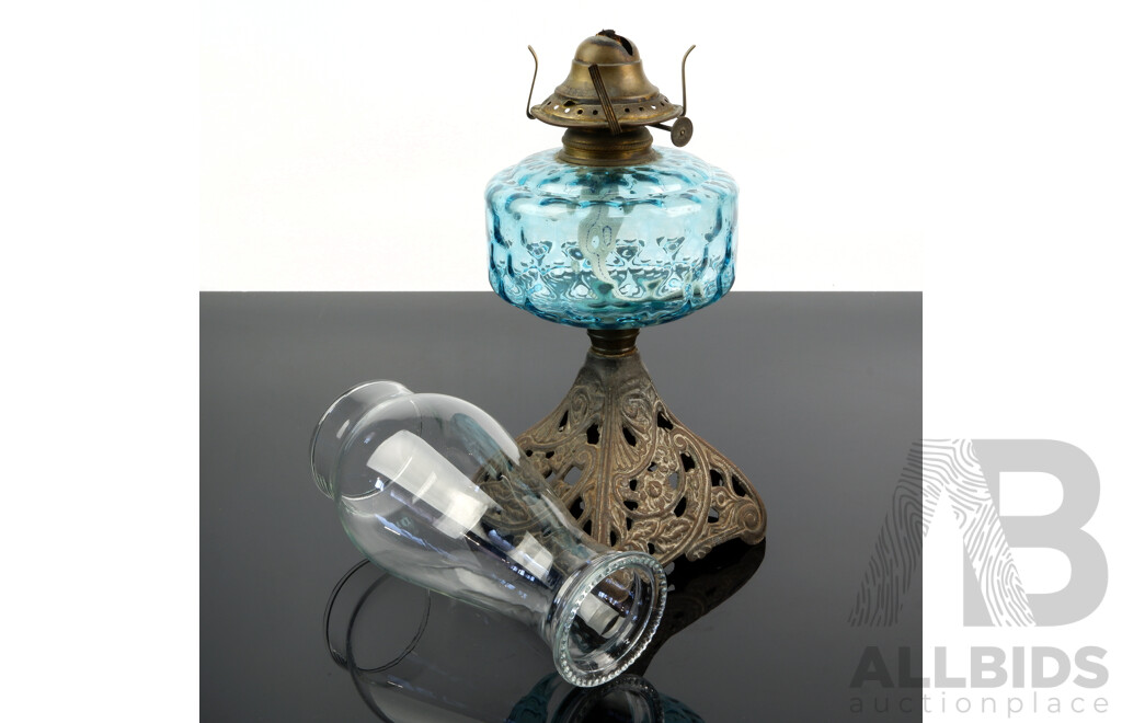 Antique Miller Victor Oil Lamp with Blue Dimpled Glass Font, Ornate Cast Base and Glass Flue with Hobbed Rim