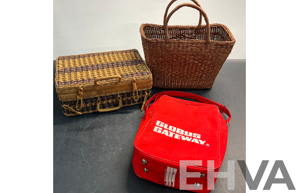 Vintage Globus Gateway Bag & Vintage EMRIK Bag & Wicker Picnic Suitcase/Basket - Lot of 5 