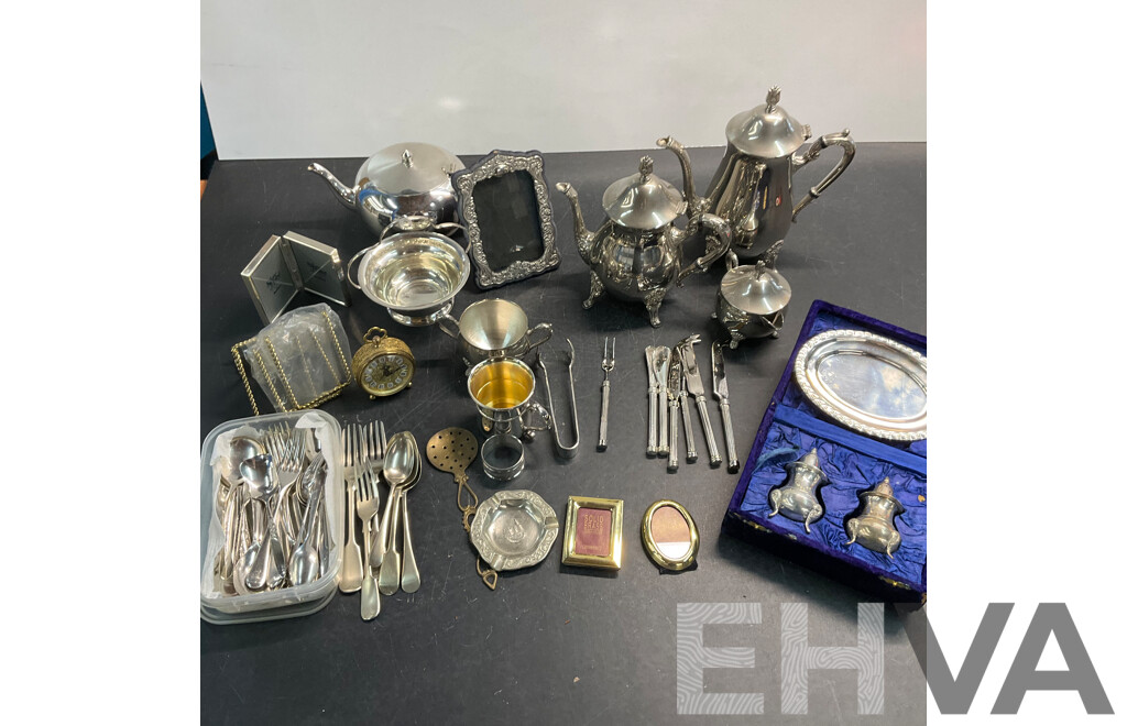 Vintage West Germany Blessing Brass Wind Up Travel Alarm Clock & Vintage Silver Teapots/Tableware & Assorted of Photo Frame & More