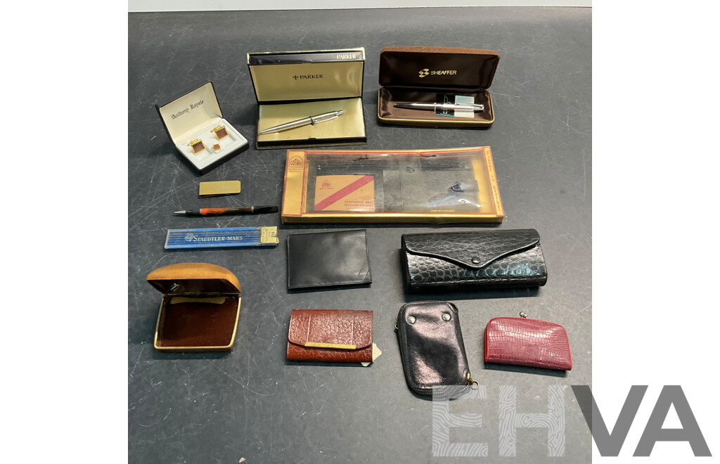 Vintage PARKER & SHEAFFER Fountain Pen & ANTHONY ROYALE Square Brown Cufflinks & Assorted of Vintage Wallet/Keytainer/Case & More