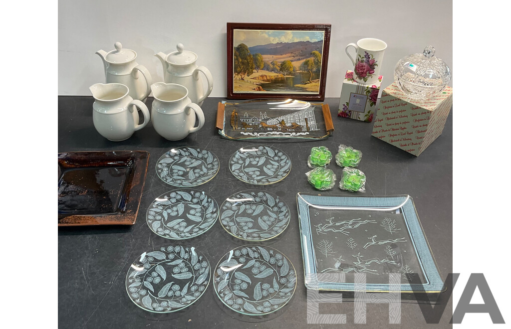 Decorative Glass Leaping Deer Plate & Side Plates and the Good Old Day Art Glass Platter & Assorted of Household Items