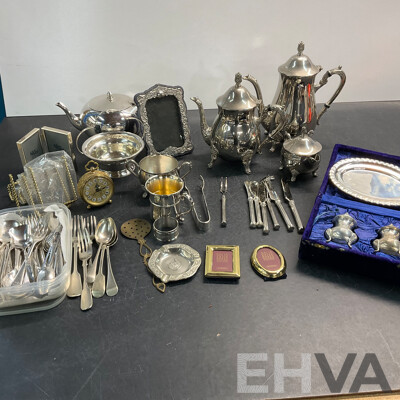 Vintage West Germany Blessing Brass Wind Up Travel Alarm Clock & Vintage Silver Teapots/Tableware & Assorted of Photo Frame & More