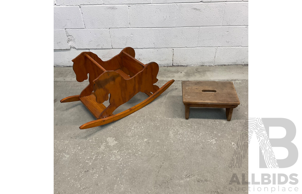 Vintage Rocking Horse  & Small Wooden Stool