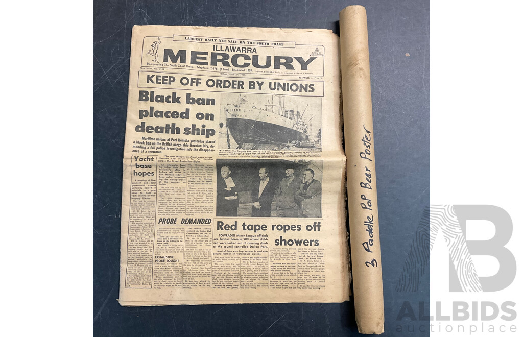 1969 ILLAWARRA Mercury Newspaper & 3x Paddle POP Bear Poster