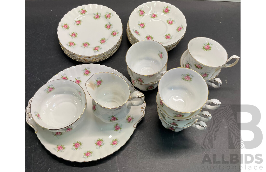 Collectable ROYAL ALBERT Forget- Me-Not-Rose  Set of 7  Tea Cup & Saucer and Creamer/ Sugar Bowl /Tray