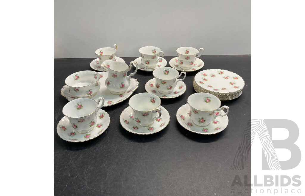 Collectable ROYAL ALBERT Forget- Me-Not-Rose  Set of 7  Tea Cup & Saucer and Creamer/ Sugar Bowl /Tray