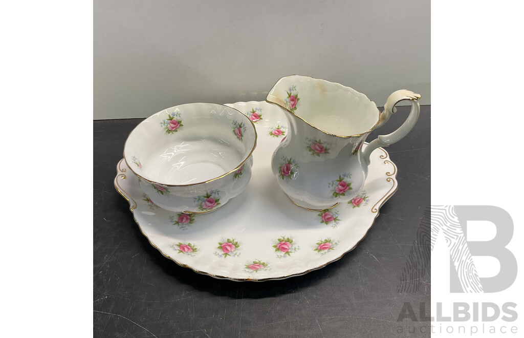 Collectable ROYAL ALBERT Forget- Me-Not-Rose  Set of 7  Tea Cup & Saucer and Creamer/ Sugar Bowl /Tray