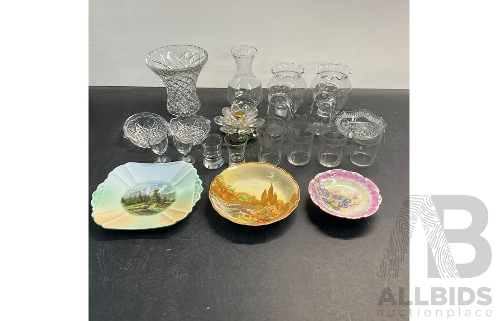 Collectable Vintage Painted Plates & Lotus Designed Candle Holder & Assorted of Glassware - Lot of 21