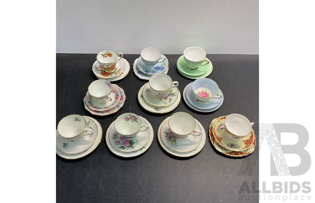 Vintage Bone China Tea Cup, Sacuer, Plate - 10 Sets - Including EB, Crown Trent, DUCHESS & More