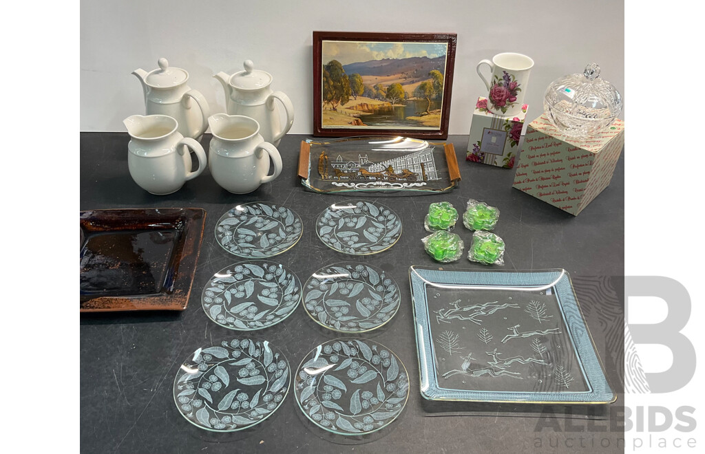 Decorative Glass Leaping Deer Plate & Side Plates and the Good Old Day Art Glass Platter & Assorted of Household Items