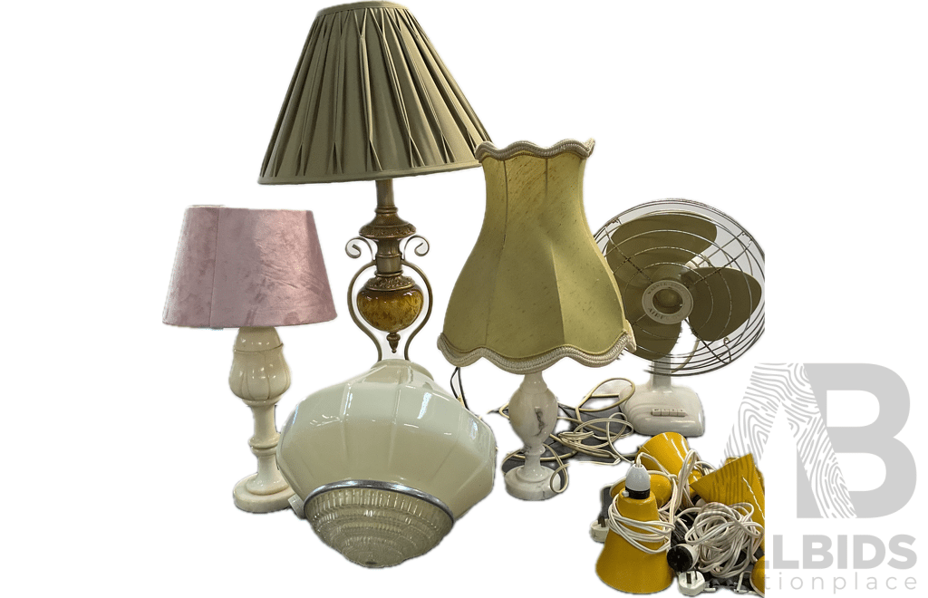 Assorted of Vintage Table Lamp & Vintage Fan & Deco Cream Bulb Ligh Shade & Clear Pink Flower  Light Shade & Yellow Wall Lamps