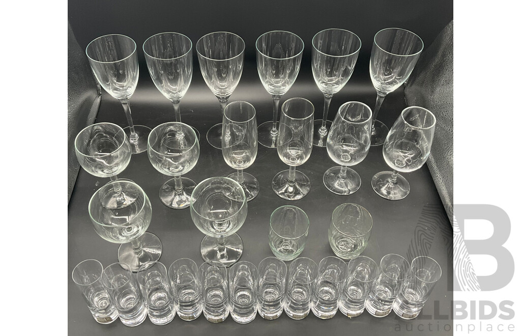 Assorted of Glassware - White & Red Wine Glasses, Flutes, Shot Glasses