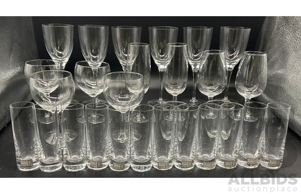 Assorted of Glassware - White & Red Wine Glasses, Flutes, Shot Glasses