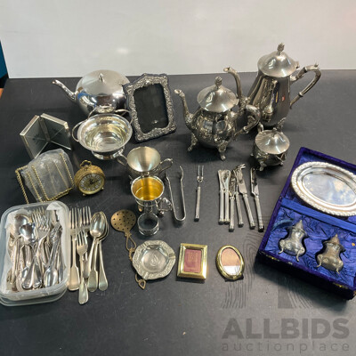 Vintage West Germany Blessing Brass Wind Up Travel Alarm Clock & Vintage Silver Teapots/Tableware & Assorted of Photo Frame & More