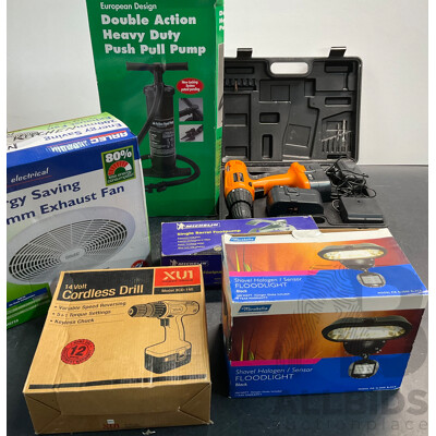 XU1 Cordless Drill & Mirabella Sensor Floodlight & Assorted of Tools