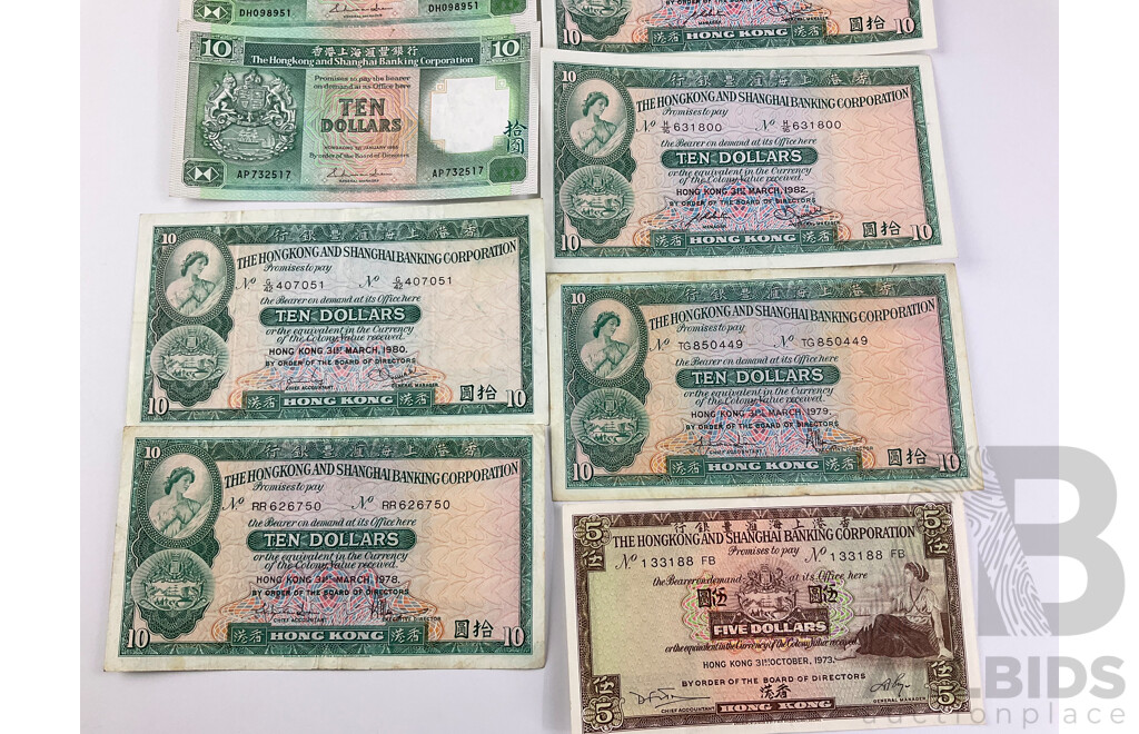 Collection of 1970 Hong Kong 1970's and 1980's Banknotes Including Ten and Five Dollars