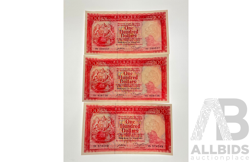 Three Hong Kong 1982 UNC One Hundred Dollar Notes