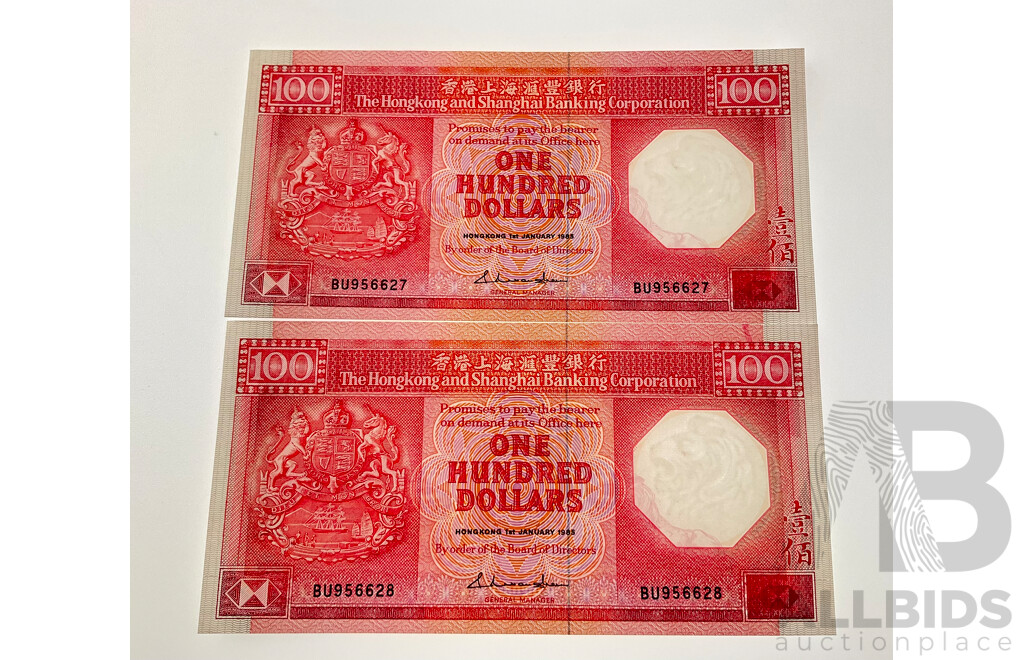 Two Hong Kong 1985 UNC One Hundred Dollar Notes, Consecutive BU956627- BU956628