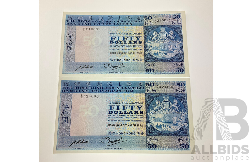 Two Hong Kong 1982 Fifty Dollar Notes