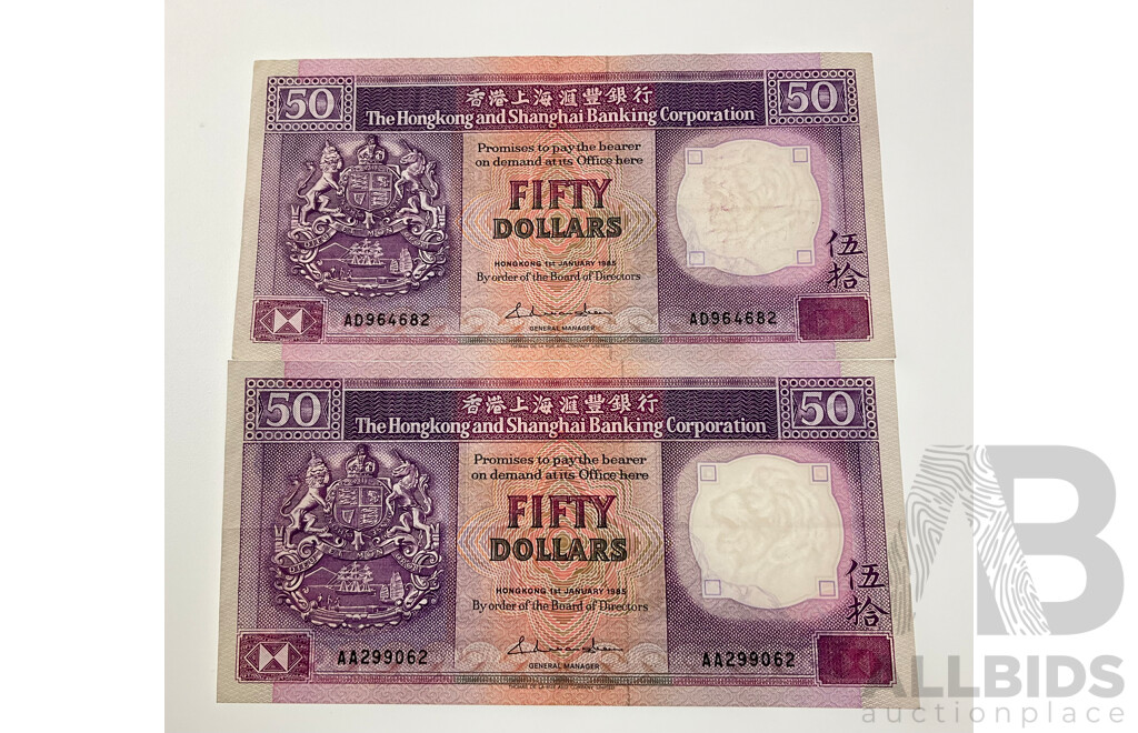 Two Hong Kong 1985 Fifty Dollar Notes