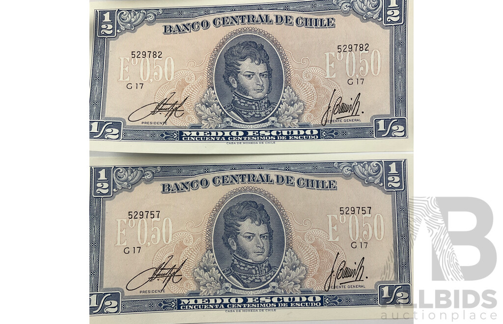 Ten Vintage Chile Half Escudo Banknotes, Three Consecutive Runs of Threes