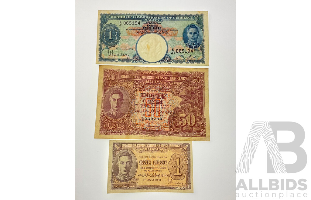 Malaysian 1941 KGVI Banknotes Including One Dollar, Fifty Cents and One Cent