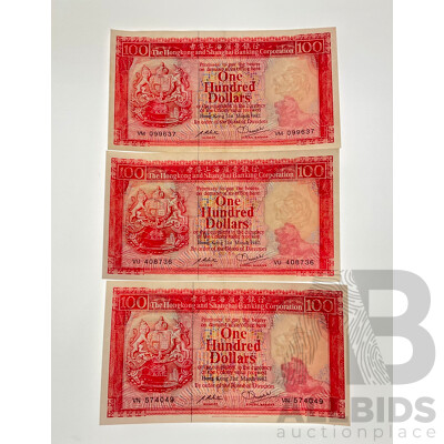 Three Hong Kong 1982 UNC One Hundred Dollar Notes