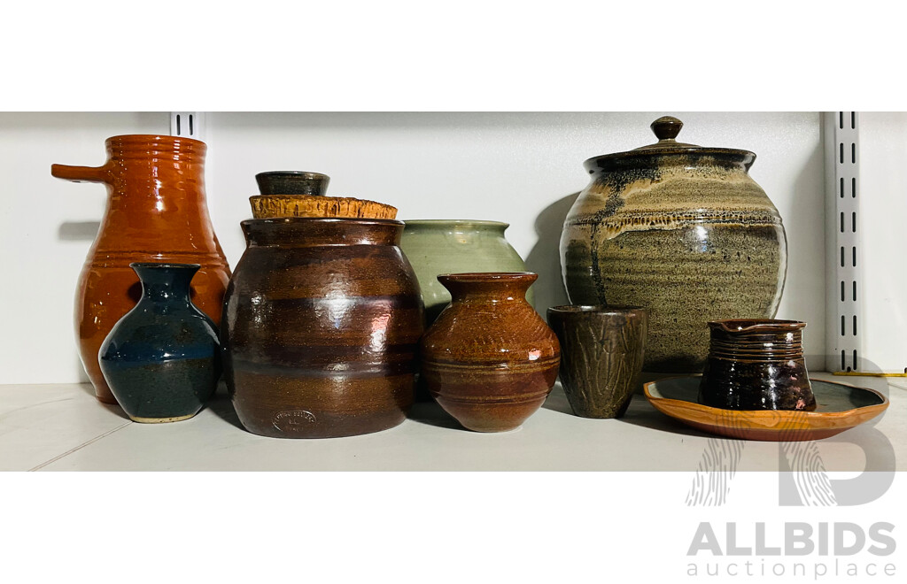 Collection of Handmade Studio Pottery Including Bendigo Canister with Cork Plaid and More