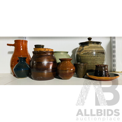 Collection of Handmade Studio Pottery Including Bendigo Canister with Cork Plaid and More