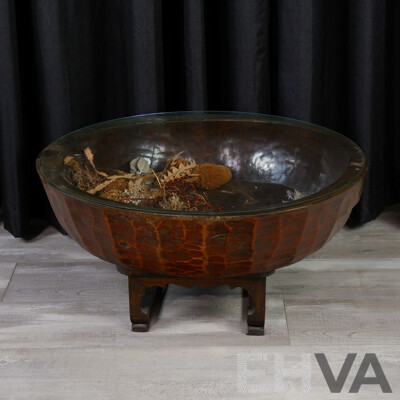 Carved Chinese Large Bowl with Glass Top and Later Stand