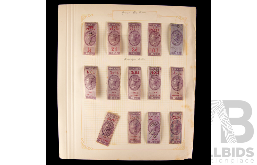 Great Britain QV Foreign Bill Stamps, Hand Cancels, Examples Spanning One Penny to Two Pounds