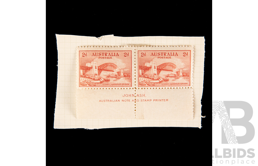 Australian 1932 Mint/Hinged Stamp Pair, Two Penny Red Harbour, John Ash Print