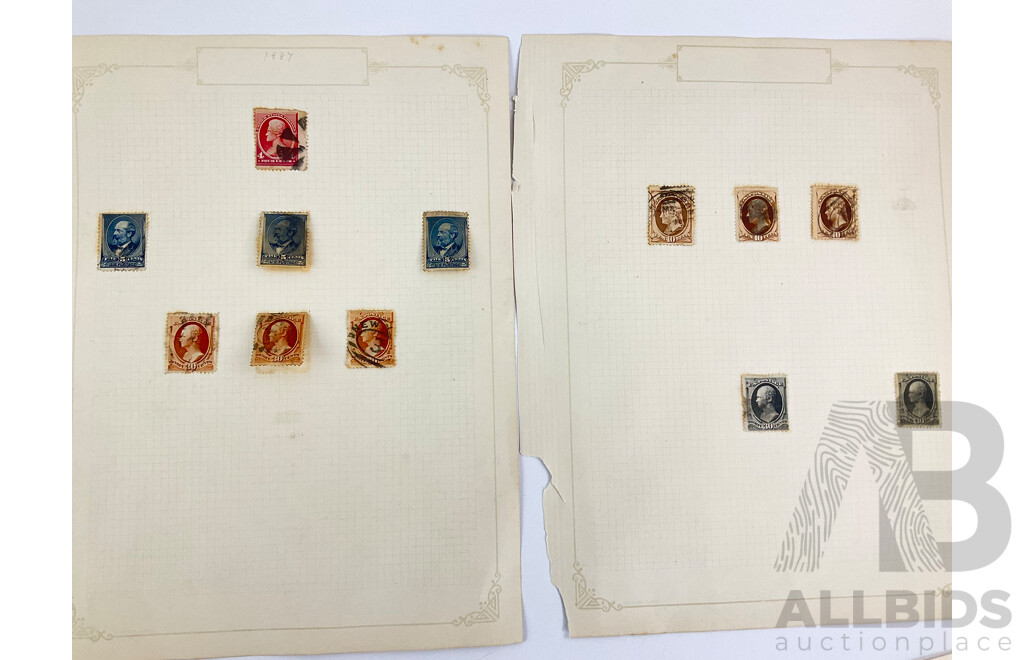 Collection of USA 1870's-80's Stamps Including Franklin, Washington, Webster, Hamilton, Garfield, Star Cancel, Denominations One to Thirty Cents