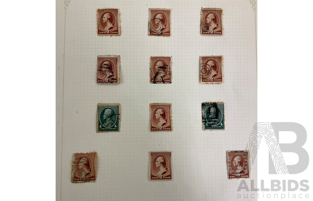 Collection of USA 1870's-80's Stamps Including Franklin, Washington, Webster, Hamilton, Garfield, Star Cancel, Denominations One to Thirty Cents